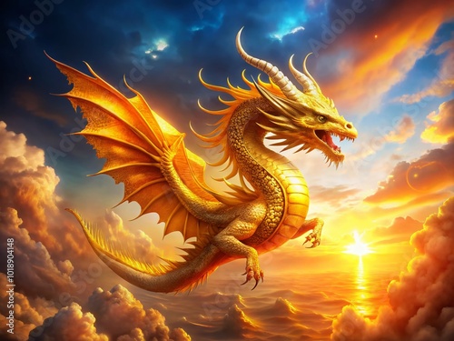 Majestic Golden Dragon Soaring Through a Bright Sky with Glittering Scales and Fiery Breath Displayed