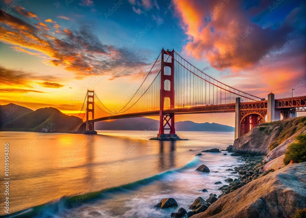 Fototapeta premium Majestic Golden Gate Bridge at Sunset with Vibrant Sky and Calm Waters in San Francisco Bay Area