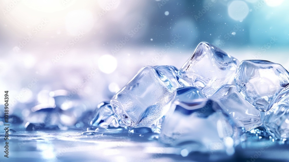 Close-up of melting ice cubes on a reflective surface with shimmering light in a cool-toned atmosphere Close-up of melting ice cubes on a reflective surface with shimmering light in a cool-toned atmosphere