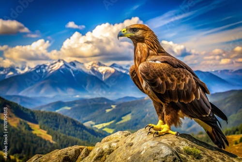 Majestic golden eagle perched on a rocky ledge against a backdrop of blue sky and distant mountains