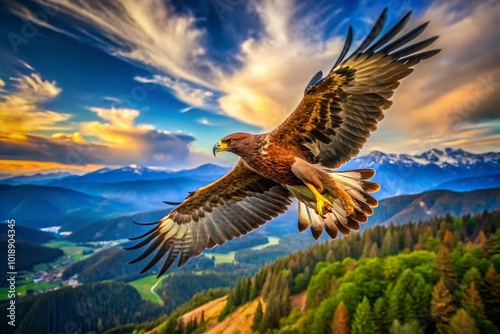 Majestic golden eagle soaring in the sky captured by a high-tech drone showcasing nature's beauty