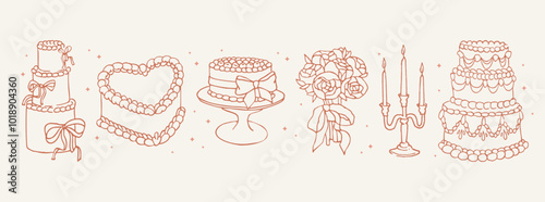 Collection of whimsical wedding line art illustrations. Elegant party hand drawn stickers. Clipart casual scribble. Vintage ink elements for logos, invitations, cards, greetings and more.	