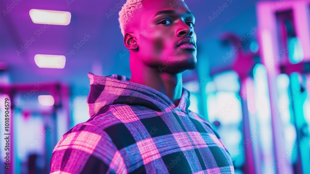 muscular Black man with short blonde hair, in a plaid workout hoodie and joggers, doing cardio exercises in a high-tech gym with futuristic equipment muscular Black man with short blonde hair, in a plaid workout hoodie and joggers, doing cardio exercises in a high-tech gym with futuristic equipment