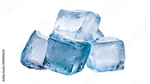 Clear ice cubes piled together, glistening against a white background, showcasing their refreshing appearance