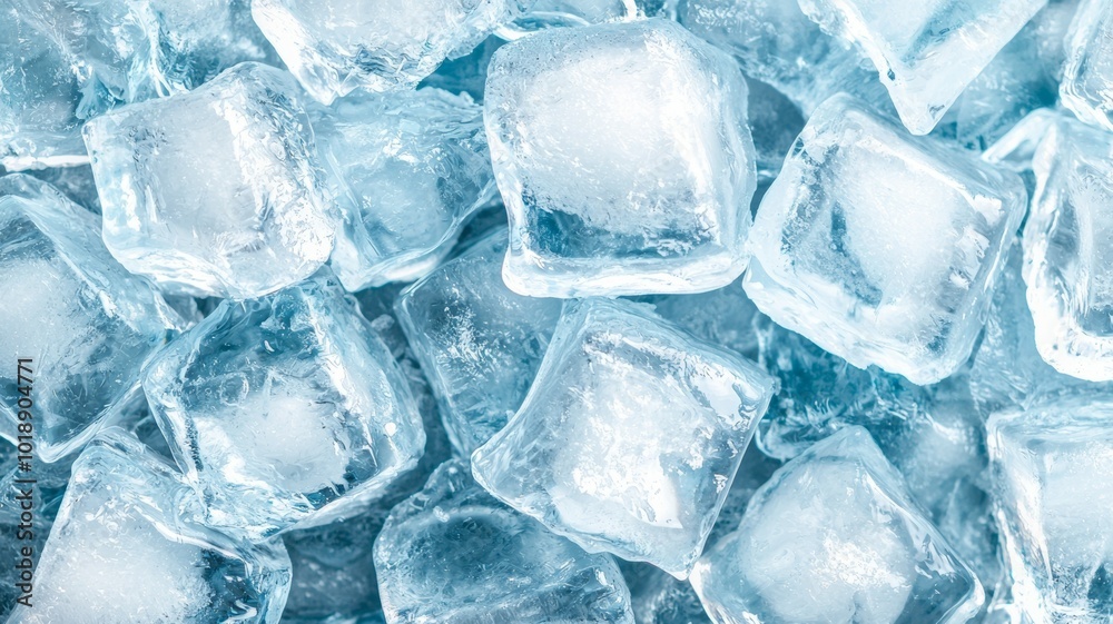 Freshly made ice cubes scattered on a blue surface, glistening in natural light during the daytime Freshly made ice cubes scattered on a blue surface, glistening in natural light during the daytime