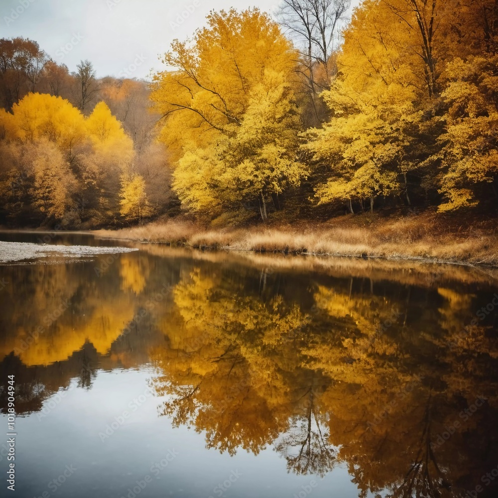 Obraz premium Vibrant yellow leaves create a stunning autumn display around a calm lake, with reflections mirroring the foliage on the water's surface as the day comes to a close. Generative AI