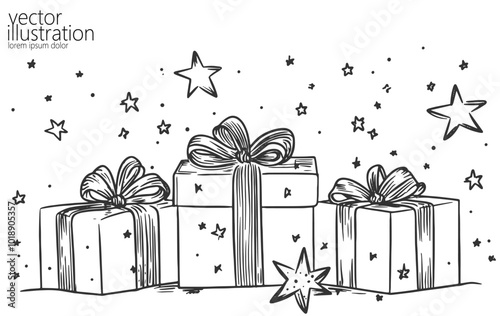 One continuous line art gift ribbon. Birthday present minimalist isolated sketch ink drawing. Celebration party surprise greeting card vector illustration