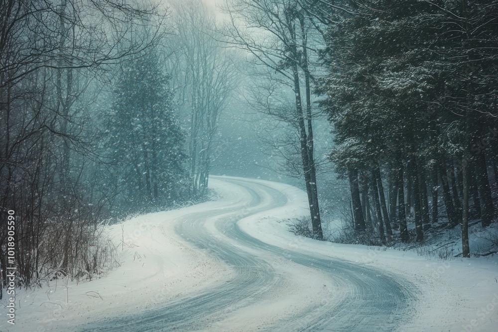 A snow-draped road winds through a quiet forest, capturing the tranquility a winter landscape. A snow-draped road winds through a quiet forest, capturing the tranquility a winter landscape.