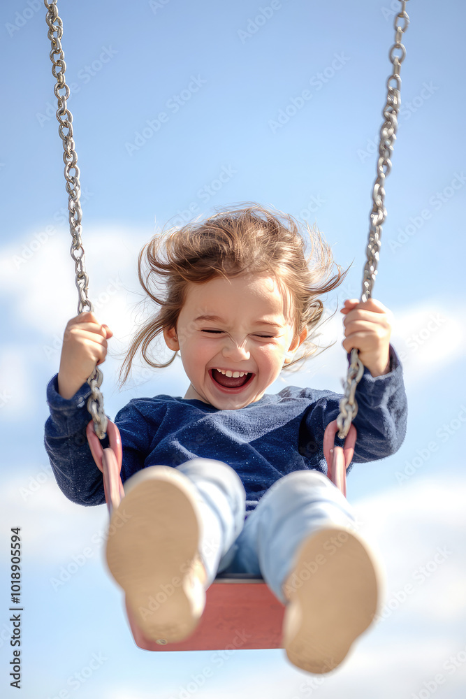 Portrait of a child swinging on a swing on a sunny day at a playground and laughing Portrait of a child swinging on a swing on a sunny day at a playground and laughing