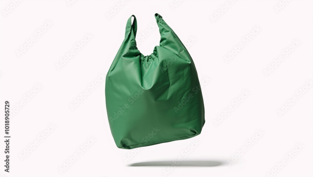 Isolated green nylon bag flying against white background clipping path Isolated green nylon bag flying against white background clipping path