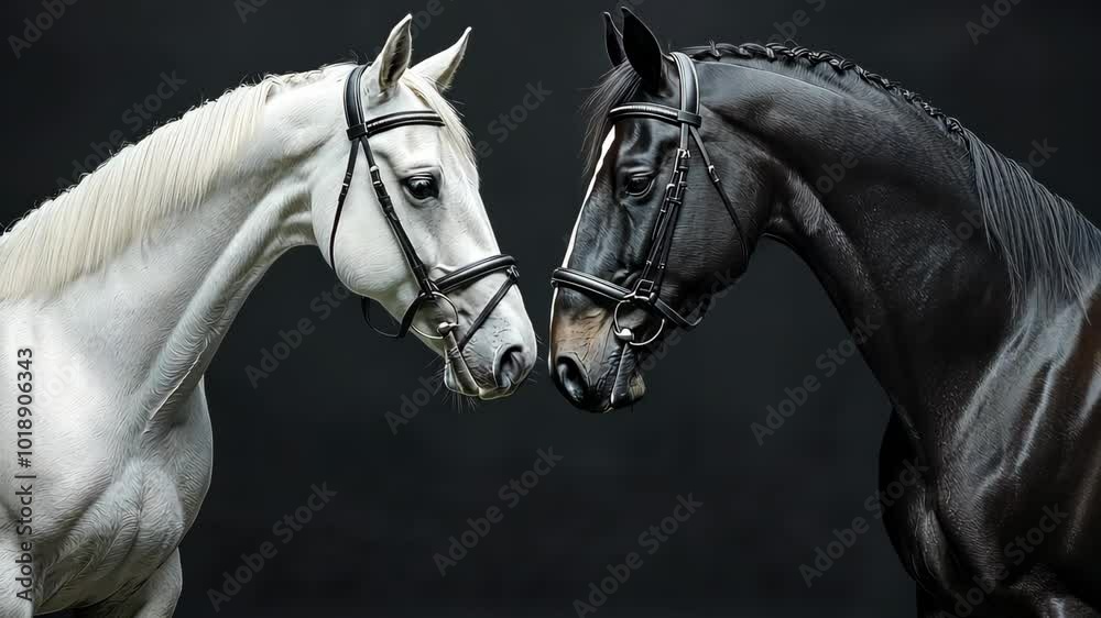 Captivating moment of two horses posing elegantly on a black background