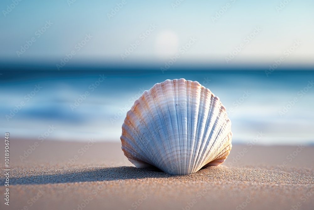 Seashell in the Sand with Ocean in the Background
