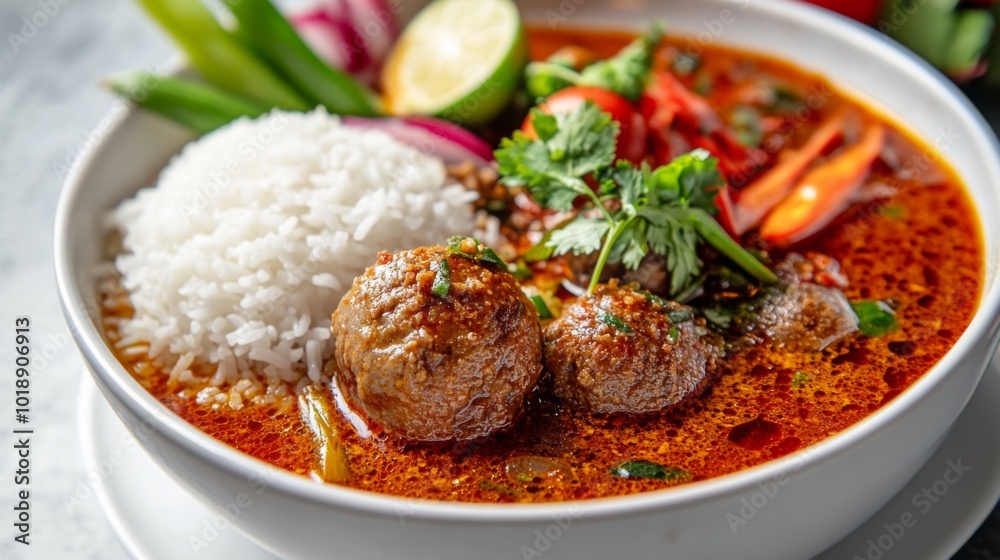Flavorful soup with rice and meatballs in a bowl Flavorful soup with rice and meatballs in a bowl