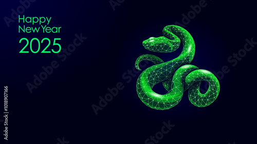 Snake Symbol Chinese New Year 2025 Concept. Traditional sign of year low poly modern blue polygonal. Poster greeting cards template vector illustration