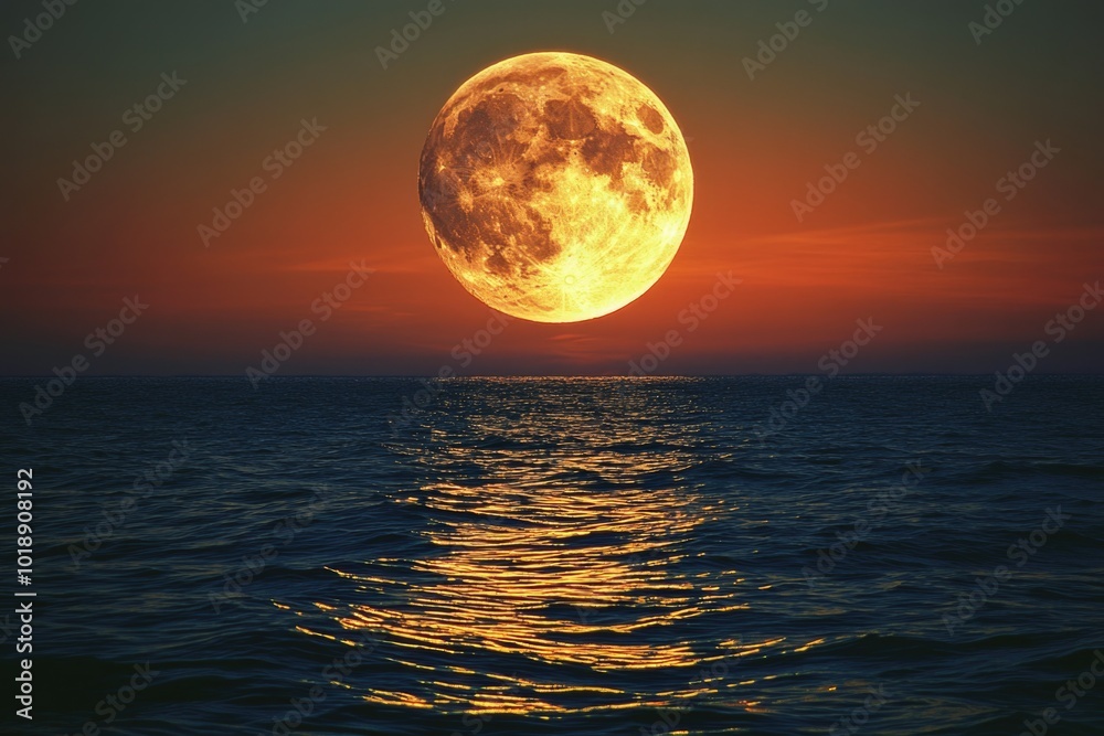 Giant Full Moon Rising Over the Horizon at Sea Giant Full Moon Rising Over the Horizon at Sea