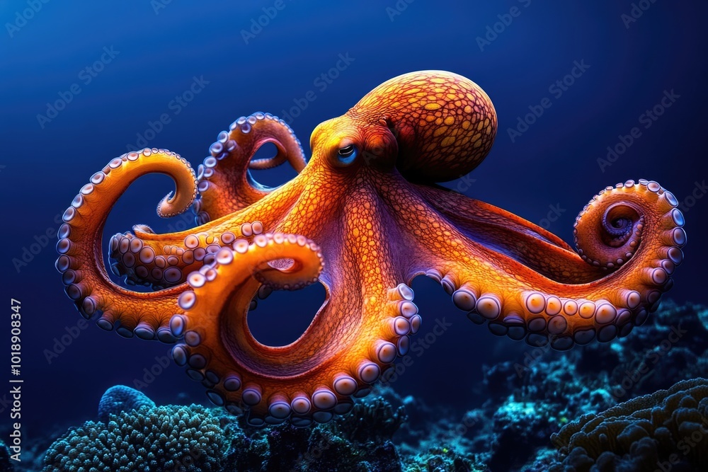 Vibrant Orange Octopus Underwater with Coral Background Vibrant Orange Octopus Underwater with Coral Background