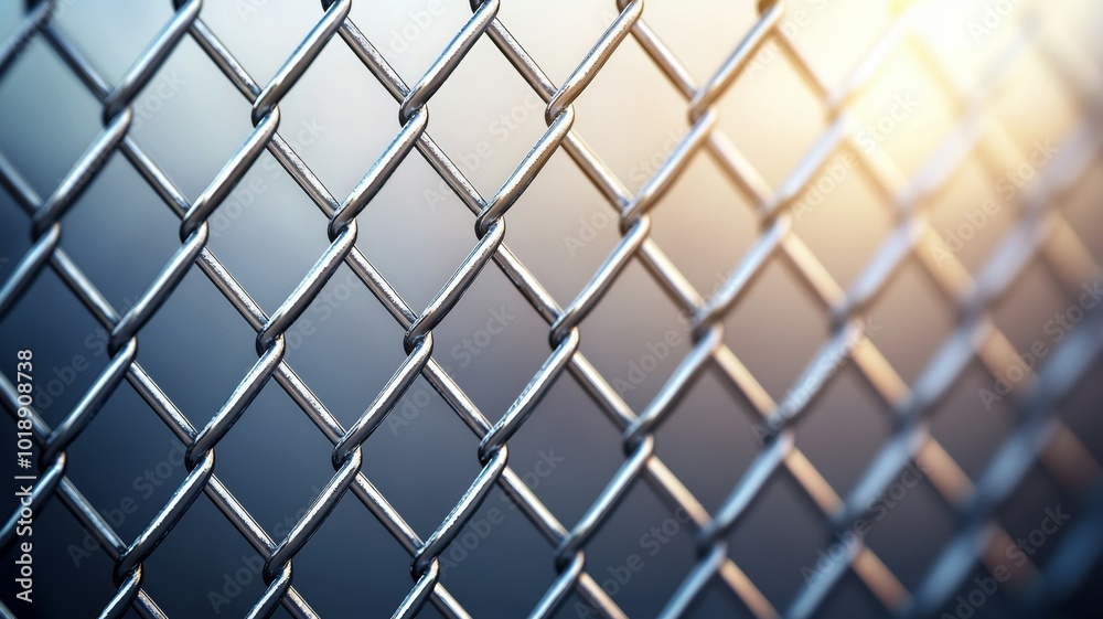 Close-up of a metallic chain-link fence with sunlight reflecting off its surface in a blurred background Close-up of a metallic chain-link fence with sunlight reflecting off its surface in a blurred background