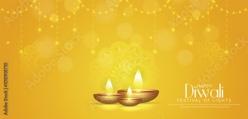 Happy Diwali - festival of lights colorful banner template design with decorative diya lamp.