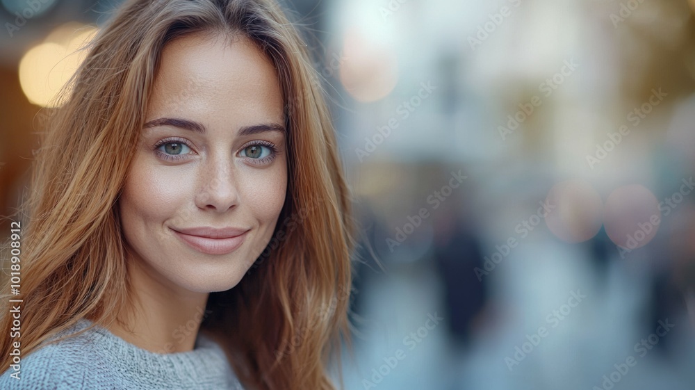 Young woman with long hair smiles warmly while walking through a bustling city street in autumn Young woman with long hair smiles warmly while walking through a bustling city street in autumn