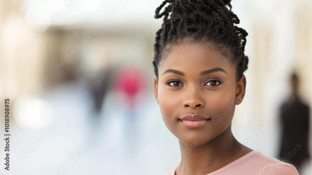 Young woman with natural hairstyle in a bright, bustling urban environment during the day Young woman with natural hairstyle in a bright, bustling urban environment during the day