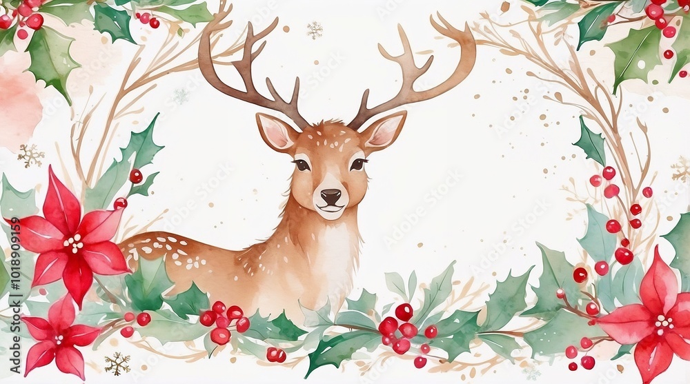 Watercolor Christmas frame featuring a deer surrounded by holly, poinsettias, and festive decorations Watercolor Christmas frame featuring a deer surrounded by holly, poinsettias, and festive decorations