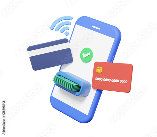 Fotografía Smartphone money payment online cash banknote withdrawal app mobile banking on isolated background