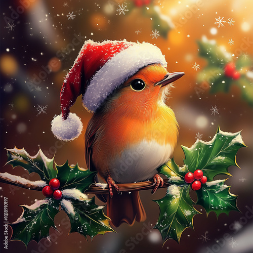 Cute little bird in Santa hat sitting on holly branch. photo