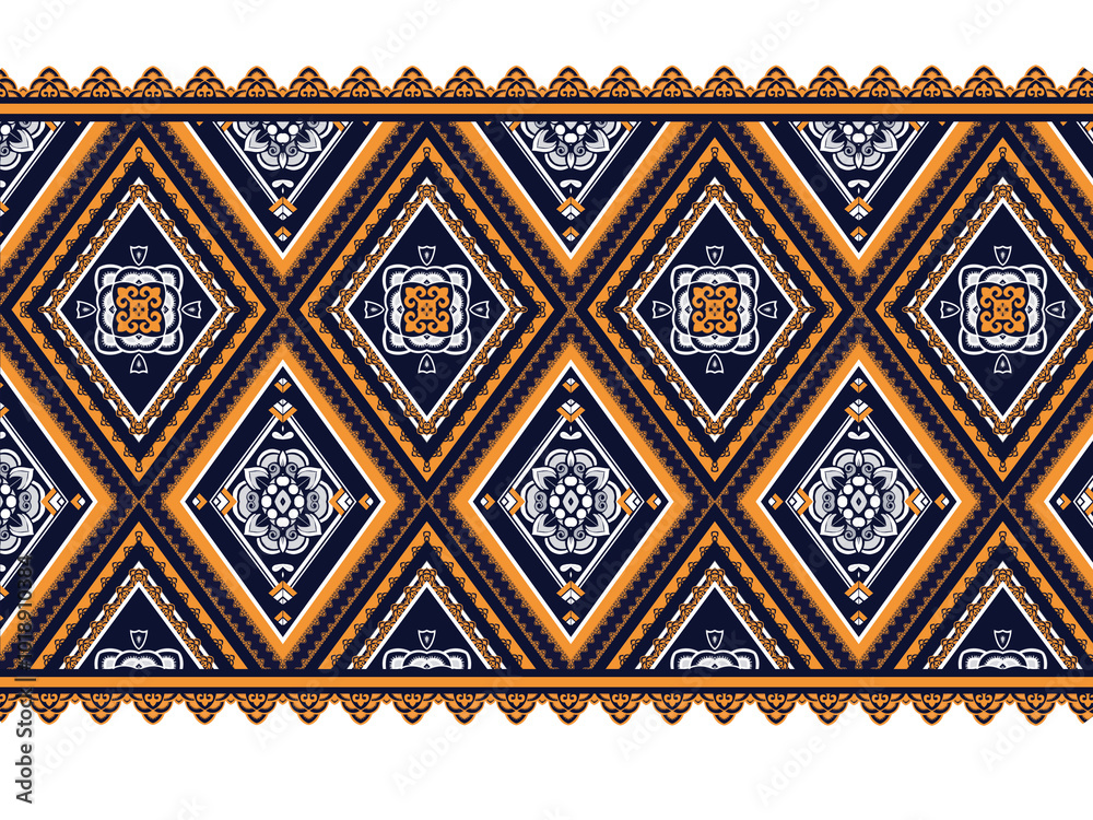 Intricate geometric pattern featuring diamonds and floral motifs in navy blue and orange tones, perfect for textiles or wallpaper design.  Seamless Pattern paint lines