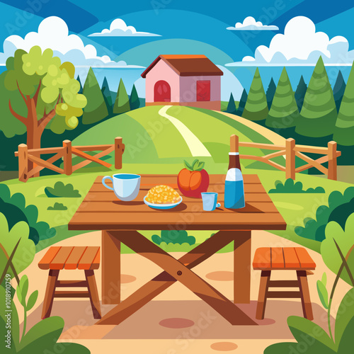 The wooden table in the background of the farm scene adds a rustic charm, complementing the natural surroundings