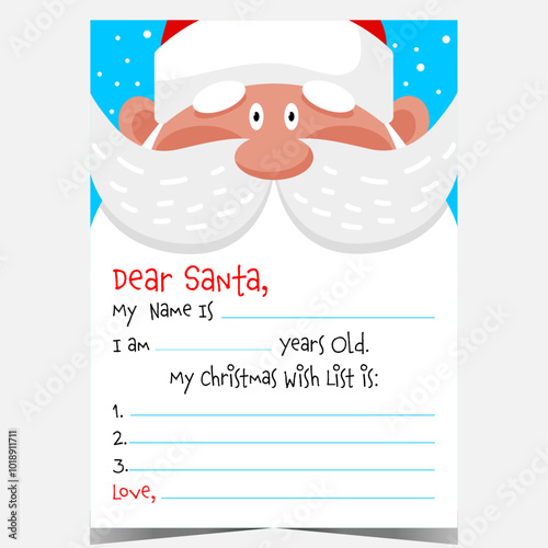 Christmas letter template with the words Dear Santa and funny Santa Claus character. Ready to print blank wish list for kids to fill out with greeting message during winter holidays.