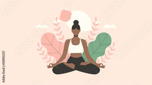 Minimalistic wellness illustration with a person meditating, abstract nature elements, and calming pastel tones, symbolizing mental and physical health