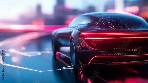 Futuristic electric car with neon lights gliding through a cityscape at dusk