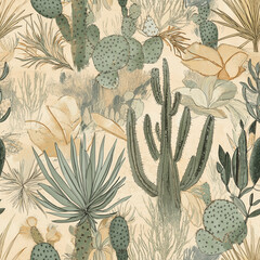 Gardinen Pflanzenmuster Dry desert seamless pattern featuring aloe, cactus and saguaro  © MelissaMN