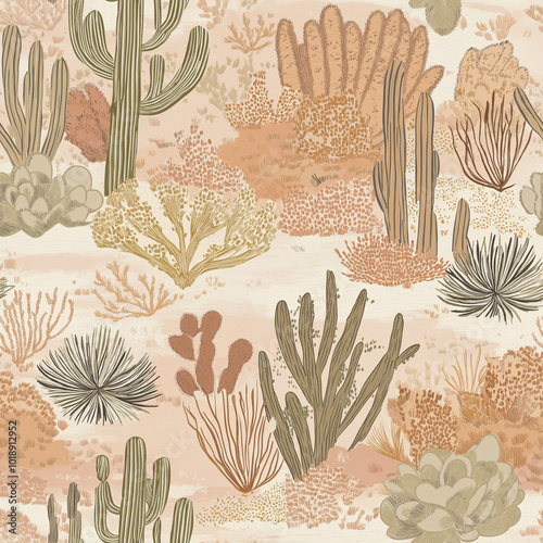 Dry desert seamless pattern featuring aloe, cactus and saguaro