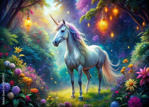 Majestic Unicorn in Enchanted Forest Surrounded by Colorful Flora and Sparkling Magic Dust