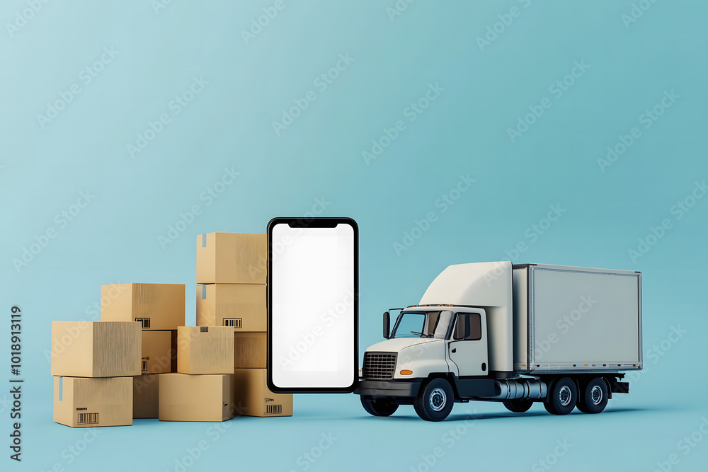 Abstract truck with a cardboard box and an empty white mobile phone on a blue background. Logistics, storage, retail, technology, and advertisement concept. Mock-up design, 3D Rendering design Abstract truck with a cardboard box and an empty white mobile phone on a blue background. Logistics, storage, retail, technology, and advertisement concept. Mock-up design, 3D Rendering design