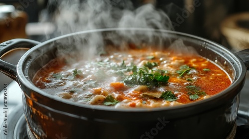 Freshly Cooked Soup in a Steaming Pot