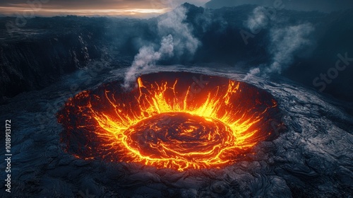 Aerial view of an erupting lava crater