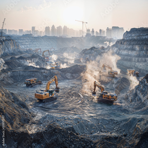 A vast mining site with heavy machinery operating in a quarry, surrounded by layers of rock and dust clouds. The backdrop features a distant city skyline under the hazy morning sun. photo