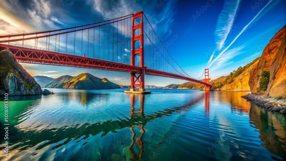 Naklejka premium Majestic view of the iconic red suspension bridge against a clear blue sky and serene water backdrop