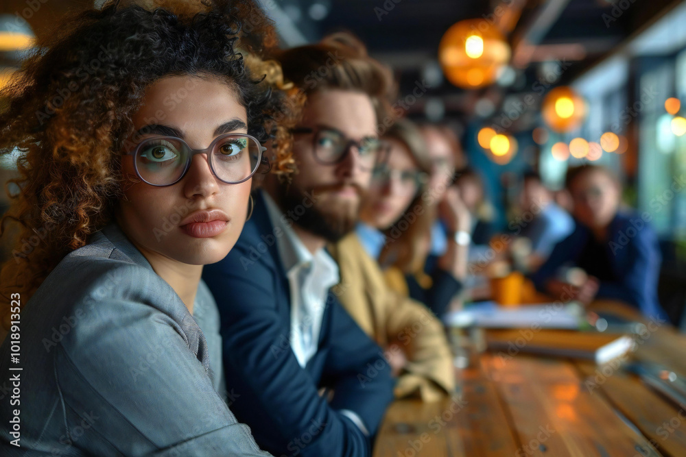 Team of diverse professionals looking bored and uninterested during a presentation meeting in an office setting. Team of diverse professionals looking bored and uninterested during a presentation meeting in an office setting.