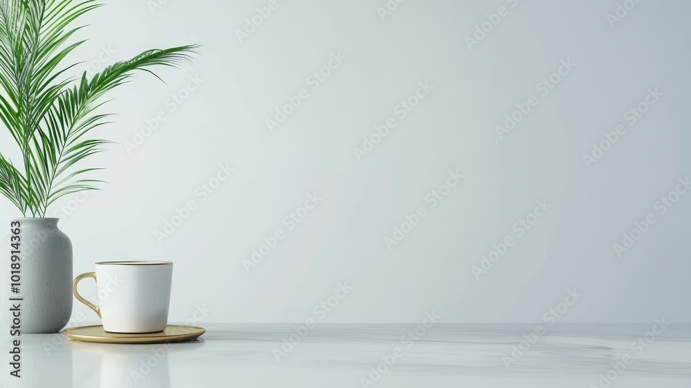 A peaceful corner showcasing a potted palm and a white cup on a minimalist marble table in bright lighting A peaceful corner showcasing a potted palm and a white cup on a minimalist marble table in bright lighting