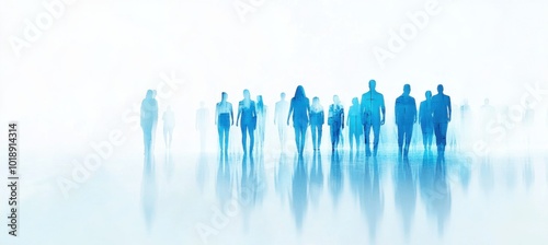 High-tech digital technology and business team concept with a group of people in silhouette standing together, in blue colors, on a white background, with space for text Generative AI