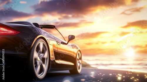 A sleek black sports car parked on a coastal road at sunset with vibrant orange and purple skies