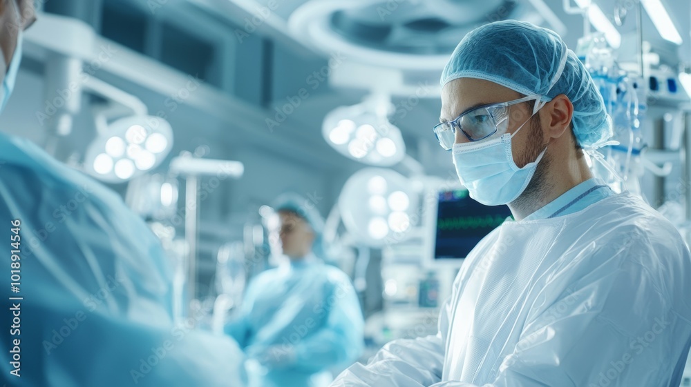 Surgeons performing a complex operation in a modern hospital operating room during the daytime Surgeons performing a complex operation in a modern hospital operating room during the daytime