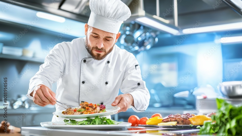 Chef preparing a gourmet dish in a modern restaurant kitchen during daylight hours Chef preparing a gourmet dish in a modern restaurant kitchen during daylight hours