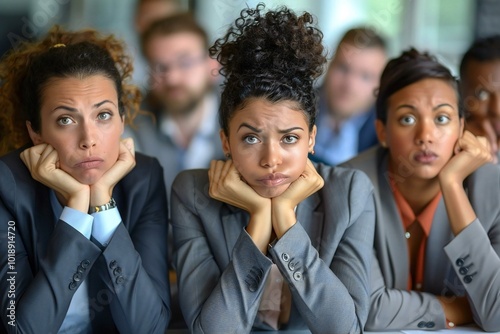 photo of a diverse group of business professionals looking bored and unmotivated during a presentation in a classroom setting.