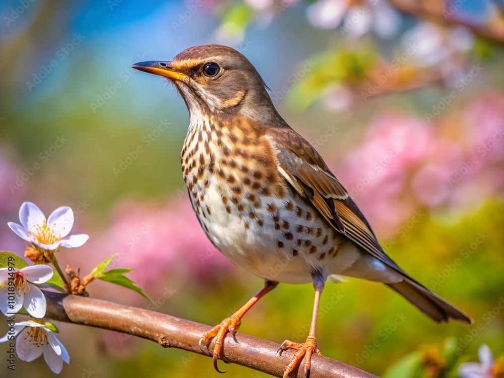 Male Eurasian Thrush Perched on a Branch in Natural Habitat During Springtime in Bright Light Male Eurasian Thrush Perched on a Branch in Natural Habitat During Springtime in Bright Light