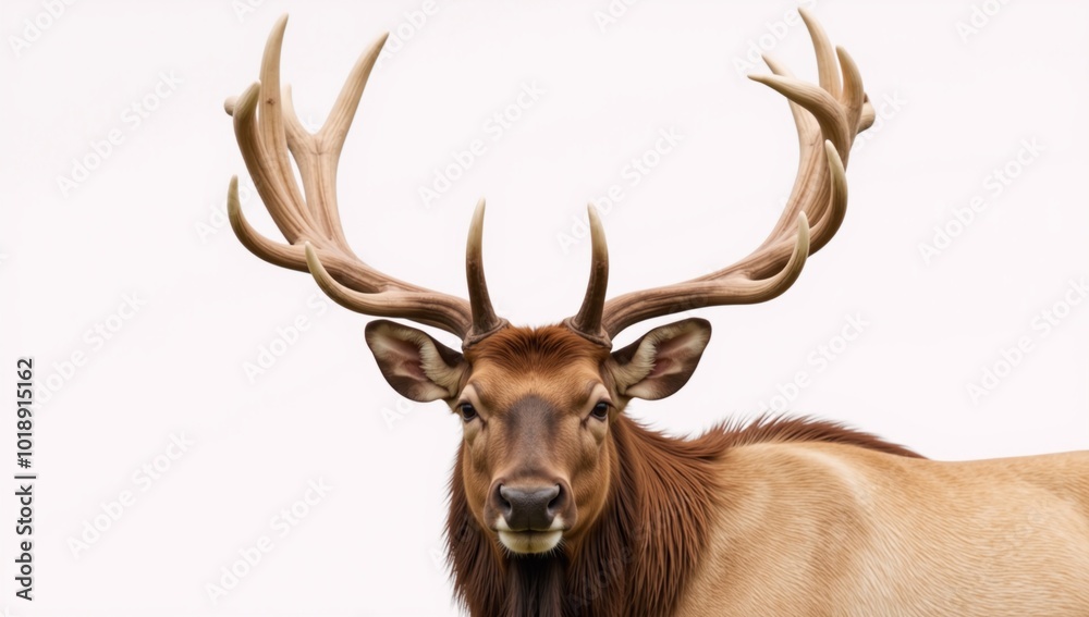 Watercolor depiction of an imposing elk with grand antlers against a pure white backdrop Watercolor depiction of an imposing elk with grand antlers against a pure white backdrop
