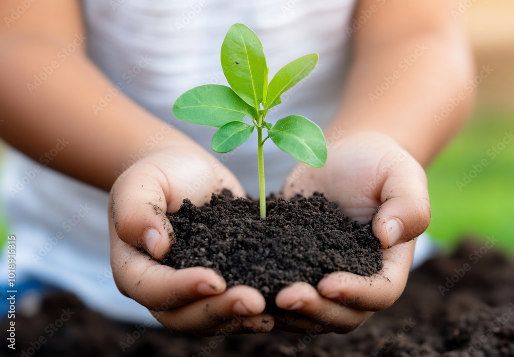 A child holds a small plant in soil, symbolizing growth and care. A child holds a small plant in soil, symbolizing growth and care.